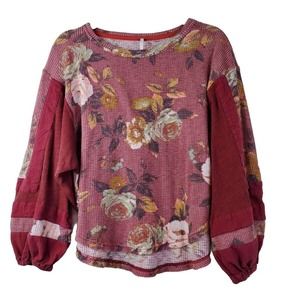 Free People Women Top Oversized XS Flower Patch Thermal Rust‎ Balloon Sleeve